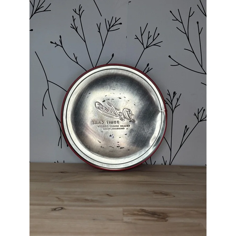 Vintage DeLuxe Fruit Cake Tin Collin Street Bakery Texas Winter Scene Red Metal